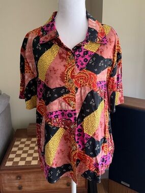 BP Nordstrom Patchwork Print Button Up Camp Shirt Top Size Small